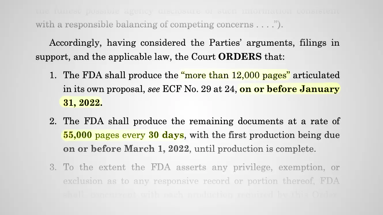 Instead of FDA’s requested 500 pages per month, court orders FDA to produce Pfizer Covid-19 data at rate of 55,000 pages per month!