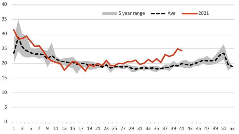 Scotland: high mortality rates in 2021 compared to 2020 and five-year average